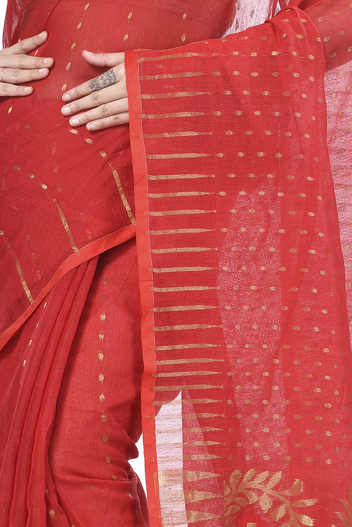 Red Blended Cotton New HALF  JAMDINE Jamdani Saree (527)